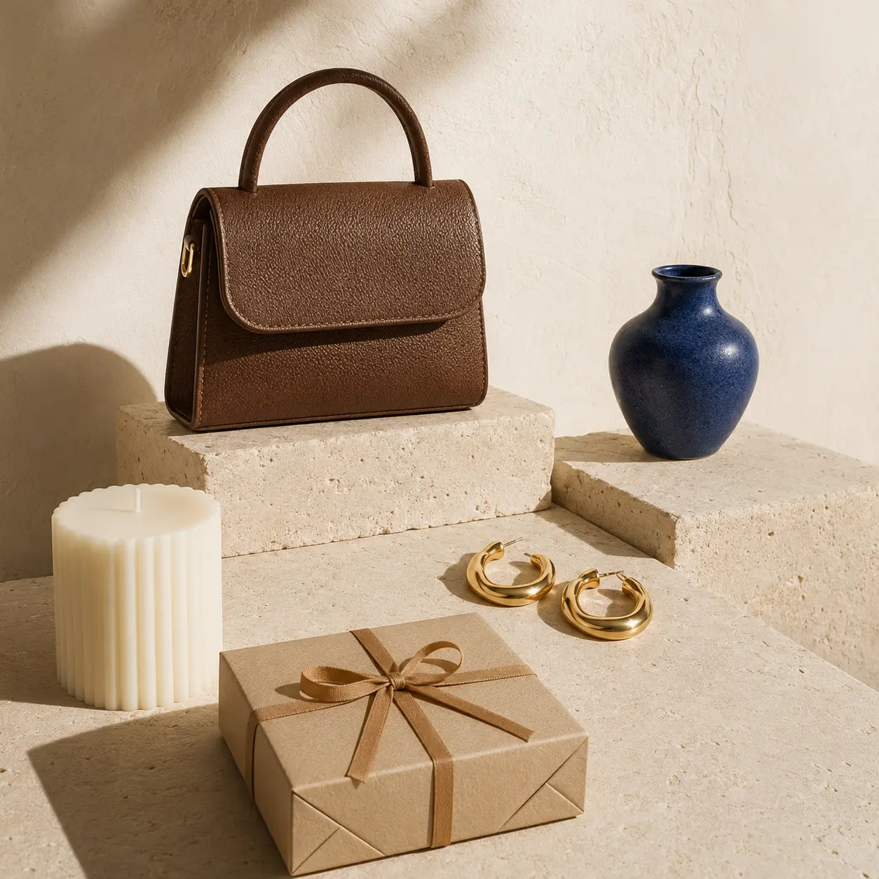 Brown leather bag and gold earrings on stone